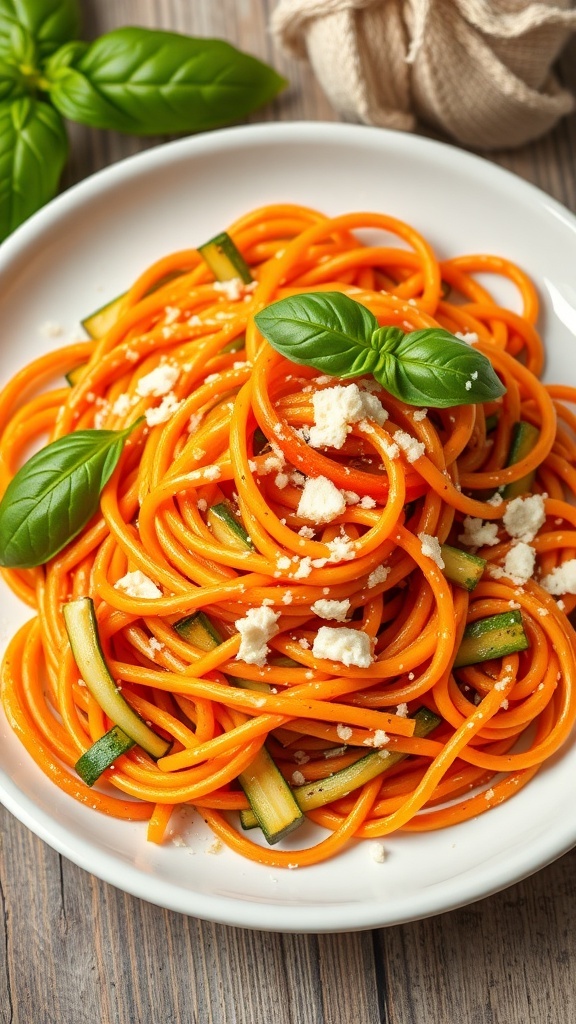 Zucchini and Carrot Noodles Recipe A colorful plate of zucchini and carrot noodles topped with Parmesan cheese and basil on a wooden table.